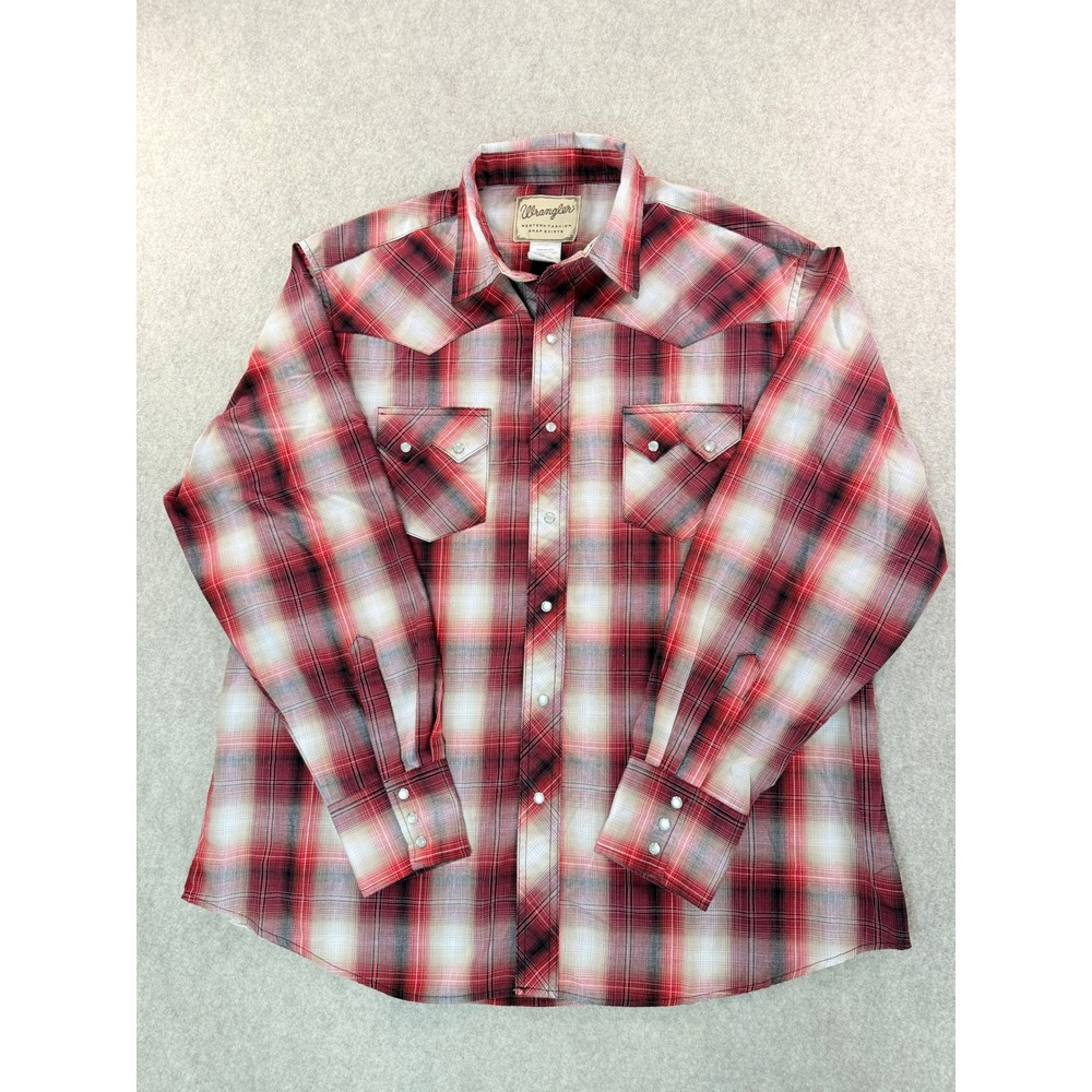 Wrangler Mens Red Plaid Western Snap Shirt Long Sleeve Pearl Snap Cowboy XXL